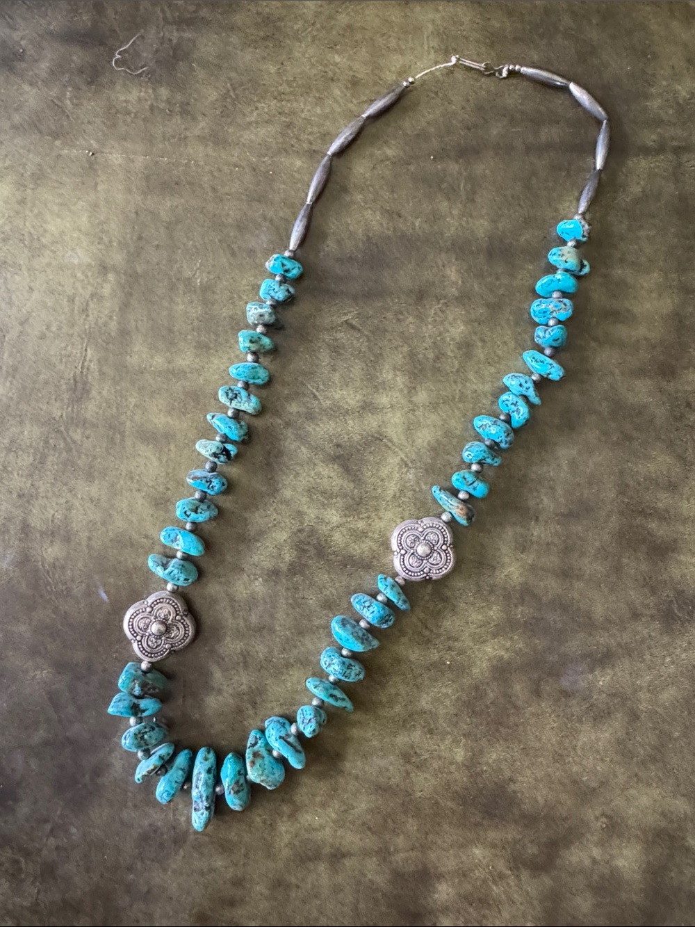 Turquoise Chip Necklace with Silver Floral Accents